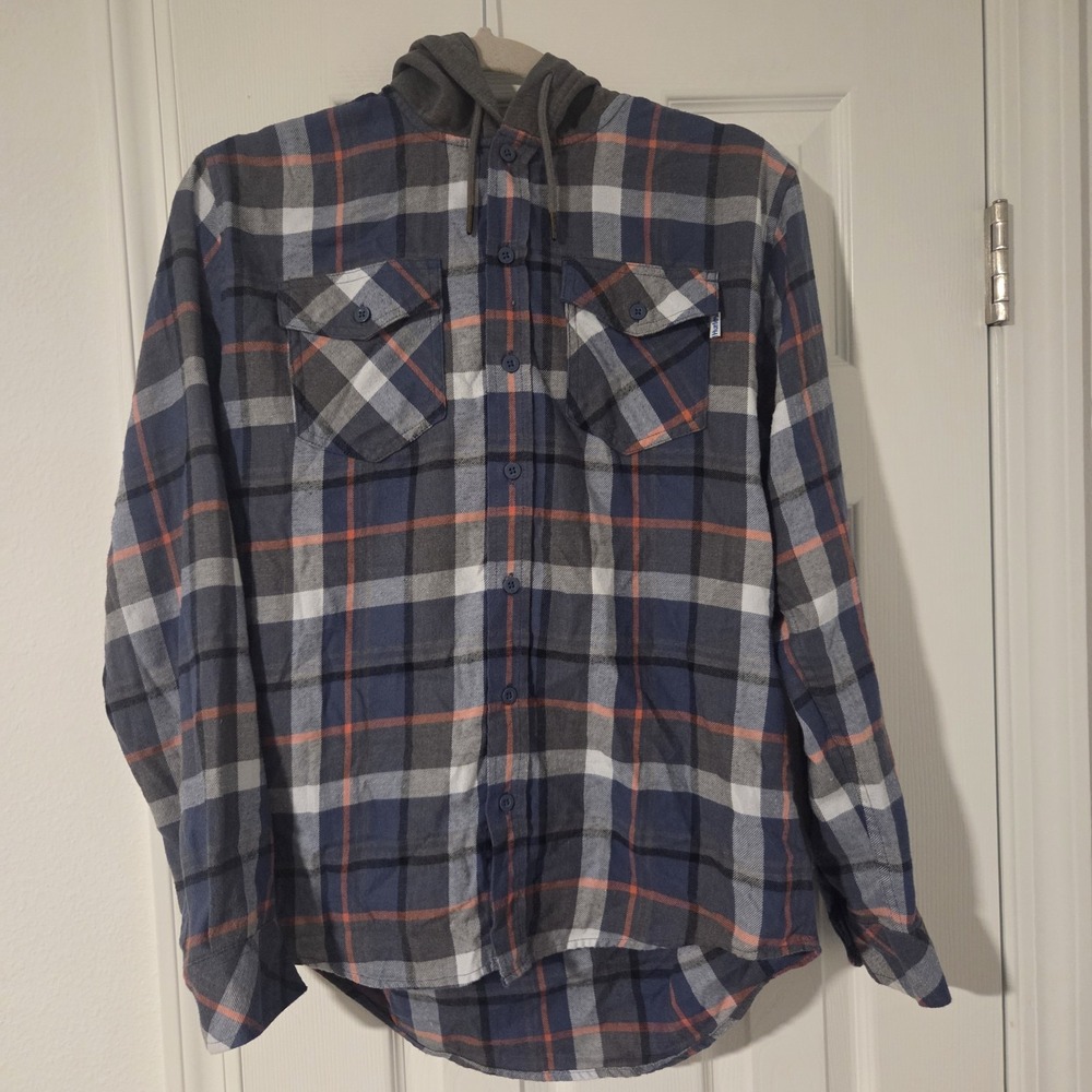 Hurley Mens Hooded Flannel Shirt Plaid Long Sleeve Button Up Jacket Gray Blue S